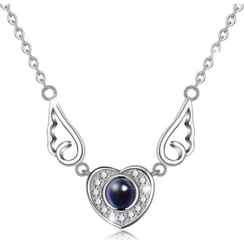 Eudora 925 Sterling Silver Angel Wings Heart Pendant 100 Language i love you Necklace for Women Girls AAA Zircon Fashion Jewelry