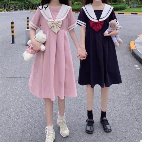 Japanese Harajuku Lolita Dress Women JK Style Sailor Collar Girls Pleated Dresses Female Sweet Kawaii Bow Dress Cosplay Costume