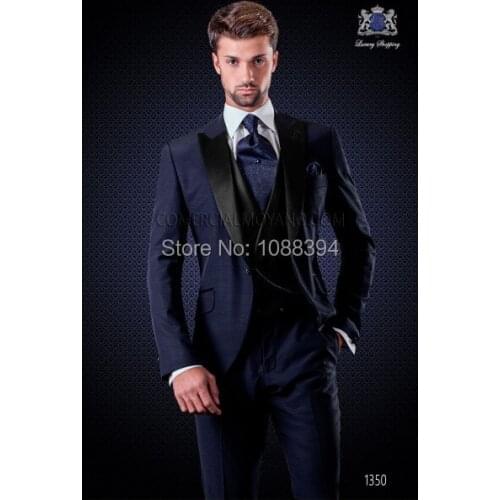 2018 Black Peaked Lapel Navy Blue Men Wedding Suits Custom Made 3 Pieces Wedding Groom Tuxedos For Men Groomsman Best Man Suit