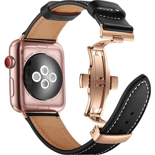 Butterfly buckle for Apple Watch band 44mm 40mm correa 42mm 38mm Genuine Leather Strap Wrist Watchband Iwatch Series 6 SE 5 4 3