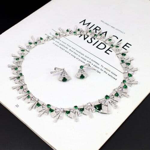 Brand Fine Custom Jewelry For Women Fan Wedding Green Crystal Party Jewelry Set Big Design Party Banquet Neckacle Earrings Set