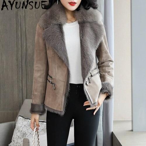 AYUNSUE Double Faced Fur Coat Female Natural Wool Fur Coats Winter Jacket Women Fox Fur Collar Genuine Leather Jacket MY4081