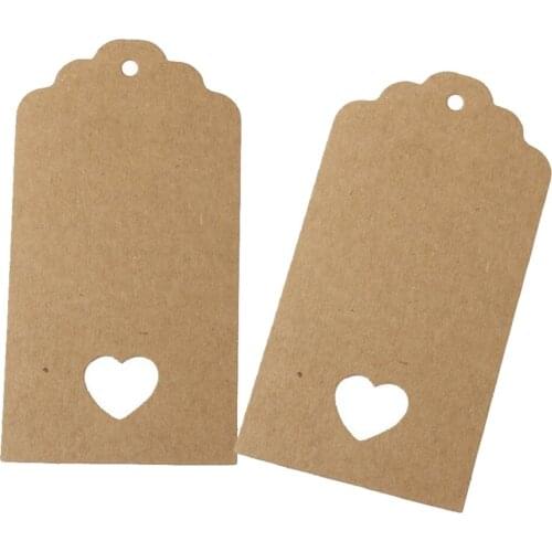 FGGS-100 pcs Kraft paper Empty card Hand drawing Gift Label Tags Hearts Hollow brown