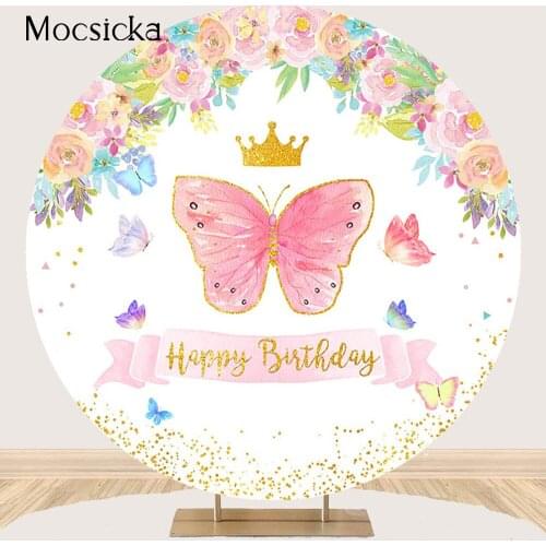 Pink Butterfly Birtday Backdrop Gold Glitter Crown Photo Background Happy Birthday Party Decoration Circle Round Background Prop