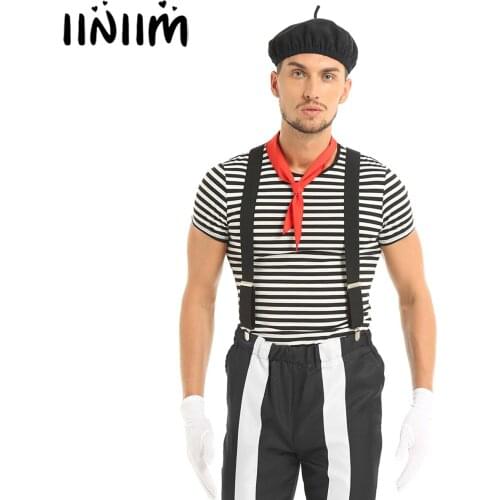 Iiniim 5Pcs Men Adults French Mime Artist Circus Halloween Cosplay Costume Striped T-shirt with Beret Red Scarf Suspender Gloves