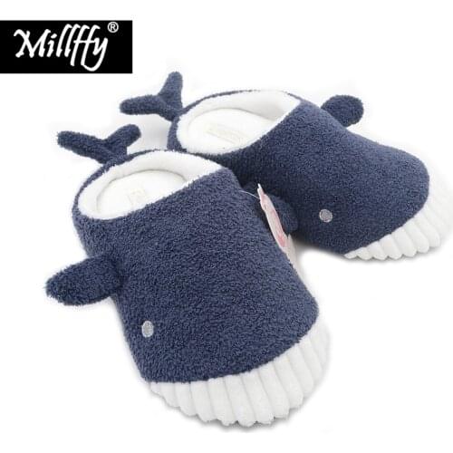 Millffy cute whale plush slippers autumn and winter Japanese girl plush shark soft bottom indoor floor home flat bedroom shoes