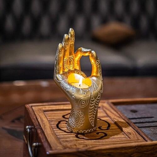 Resin Buddha Candle Holder Mudra Hand Statues Retro Collectible Ornament Small Tealight Light for Meditation Relaxing Home Decor