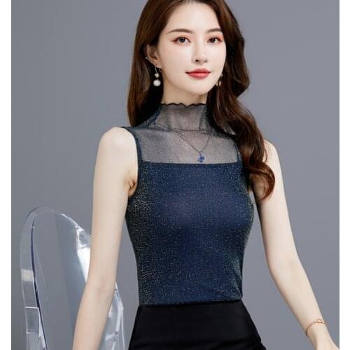 Sexy Mesh Sleeveless Top Women Lurex Tank Fashion Female 2020 Spring Summer Elasticty Vest Pink Black Camiseta Mujer Top Tshirt