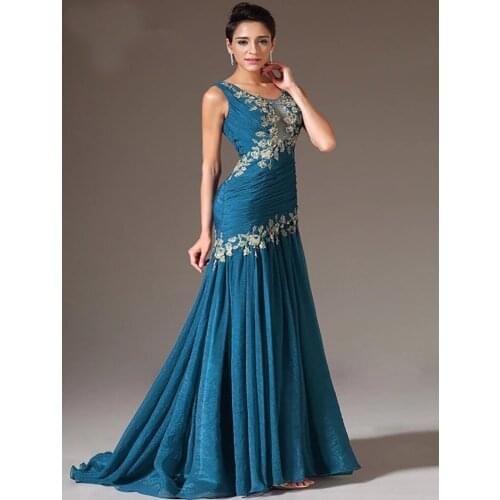 Blue Evening Dresses Mermaid Chiffon Appliques Beaded Long Dubai Saudi Arabic Evening Gown Prom Dresses