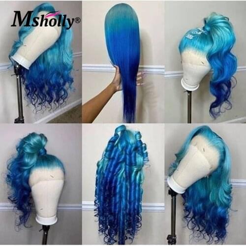 13x4 Transparent Lace Frontal Wig Human Hair 4X4 Closure Wig Ombre Blue Body Wave Lace Front Wig Brazilian Hair Wigs For Women