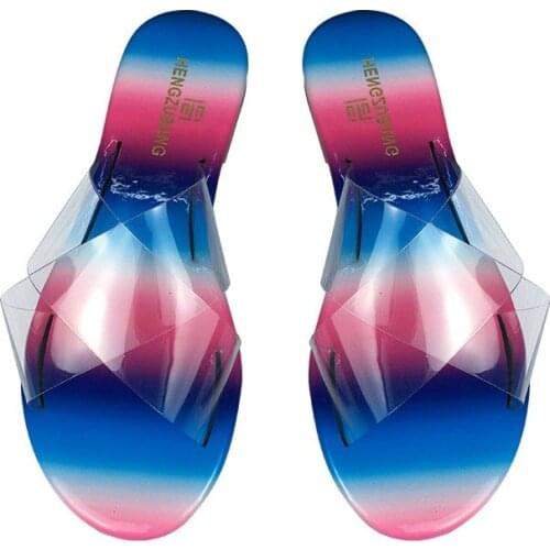 Fashion New Womens Rainbow Colors Slides Summer Outside Transparent Crossing PVC Slippers Sexy Ladies Leisure Party Sandals