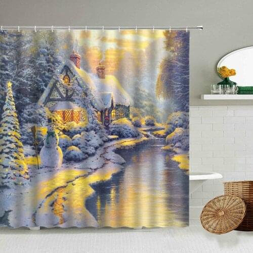 Snow Scenery Oil Painting Shower Curtain Merry Christmas Bathroom Decor Country Wooden House River Plant View With Hooks Screen