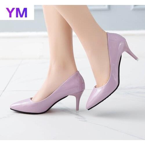 Office & Career 7CM Patent Leather Slip-On Women Pumps Thin Heels Solid Pointed Toe High Heels Ladies Shoes Plus Size 34-40