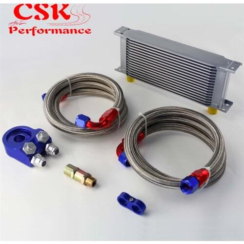 Universal 16 Row 248mm AN10 Engine Transmission Oil Cooler British Type + Aluminum Filter Adapter Kit Blue