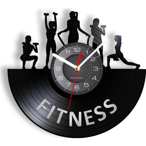 Fitness Centre GYM Vinyl Record Clock Women Fitness Club Logo Wall Clock Retro Art Decor for Sports Room Bodybuilding Studio