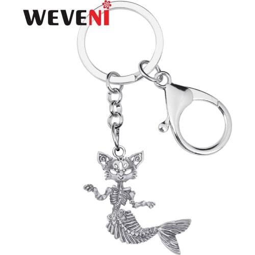 WEVENI Halloween Alloy Plated Antique Gold Skull Fish Keychains Cat Keyring Jewelry For Women Girl Kid Funny Gift Car Decoration