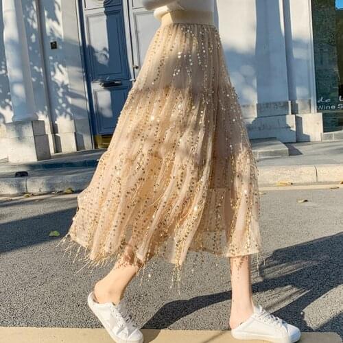 Flectit Women Glitter Fringed Sequin Skirt Elastic Waist Midi Skirt Festival Party Club Outfits