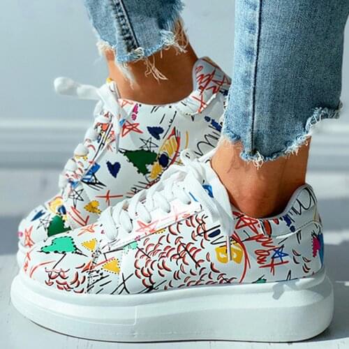 Womens Ladies Harajuku Doodle Print Shoes Sneaker Neakers For Flat Shoes Eyelet Lace-up Muffin Sneaker Casual Running Shoes