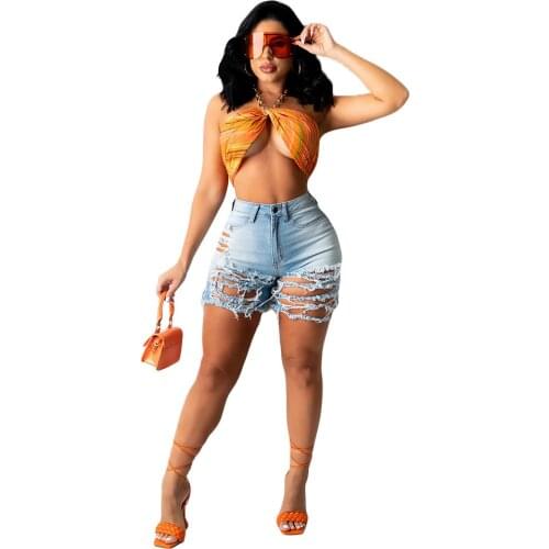 RStylish 2021 Summer Women Washed Ripped Hole Loose Casual Tassel Streetwear High Elasticity Thin Denim Shorts