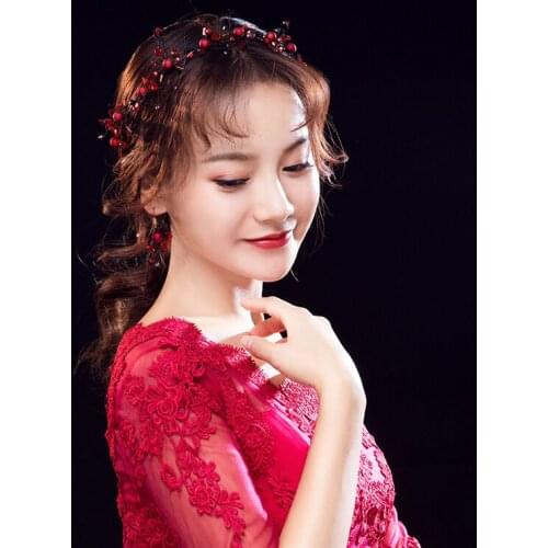 Handmade Black Headpiece Hair Jewelry For Women Red Pear Crystal Headbands Bridal Hairband Earrings Set Wedding Hair Accessories