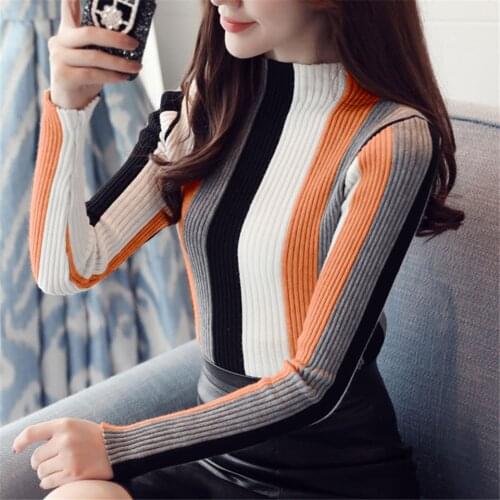 2021 Mature Womens Vertical Striped Color Matching Sweater Long Sleeve Knit Pullover Half Turtle Neck Commuter Slim Pullover