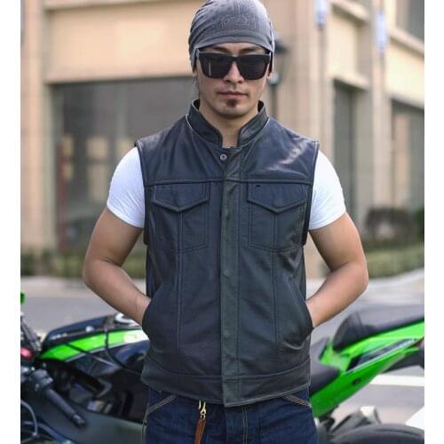 Handmade Mens Genuine Leather Motorcycle Vest Stand Collar Single Breasted Cow Leather Biker Rider Vests Thick Strong