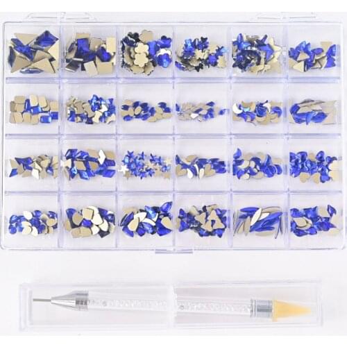 1 Box AB Blue Crystals Nail Rhinestones With 1 PCS Dotting Pen AB Glass Flatback Charms DIY Nail Rhinestones