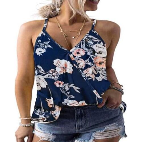 40%HOTWomen Plant Print Spaghetti Strap V-neck Sleeveless Summer Top Vest for Holiday