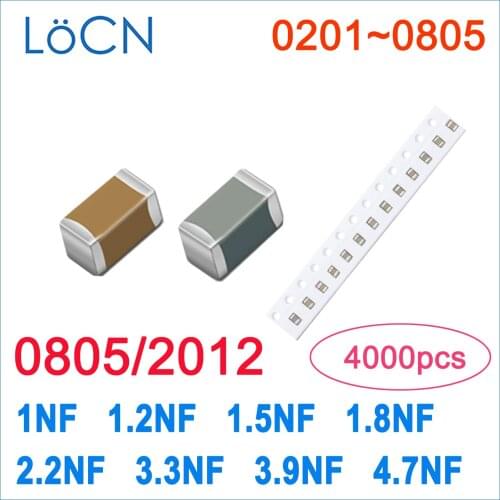 4000PCS 0805 2012 X7R 1NF 1.2NF 1.5NF 1.8NF 2.2NF 3.3NF 3.9NF 4.7NF RoHS 25V 50V 10% SMD Capacitor High quality