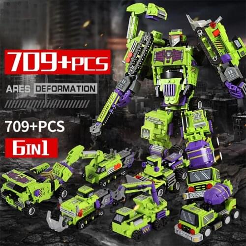 709pcs 6in1 Transformation Robot Building Block City Engineering Excavator car truck constructor Bricks toys For Children
