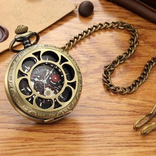 Antique Mechanical Pocket Watch Hollow Bronze Dial Hand-Winding Men Pendant Collection Fob Chain Watch Skeleton Steampunk Clock