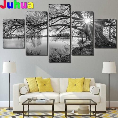 Black white big trees,5 Piece scenery, Multi Panel Diamond painting,diamond embroidery,square,round,crafts,diy,5d,diamond mosaic