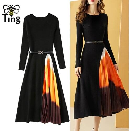 Tingfly Designer Fashion Black Knitting Pleated Patchwork A Line Dress Vintage Elegant Midi Long Party Birthday Dress Vestidos D