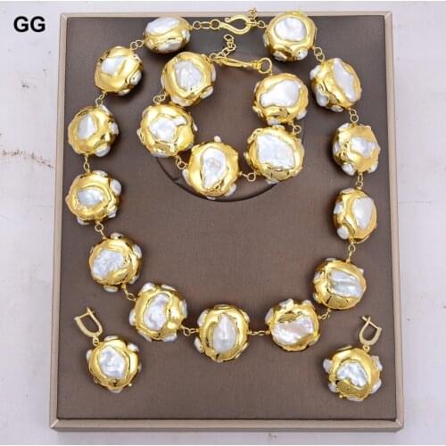 GG Jewelry Natural Cultured White Keshi Pearl Electroplated Gold Plated Wrap Bracelet Necklace Earrings Set Punk Style For Women
