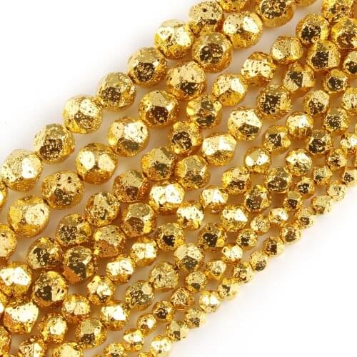 6/8/10/12mm Faceted Gold Plated Volcanic Stone Bead Natural Lava Mineral Loose Beads for Jewerly Making DIY Bracelets 15inch