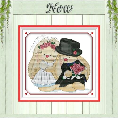 The rabbits wedding cartoon painting counted print on canvas DMC 11CT 14CT Chinese Cross Stitch kits embroidery needlework Sets