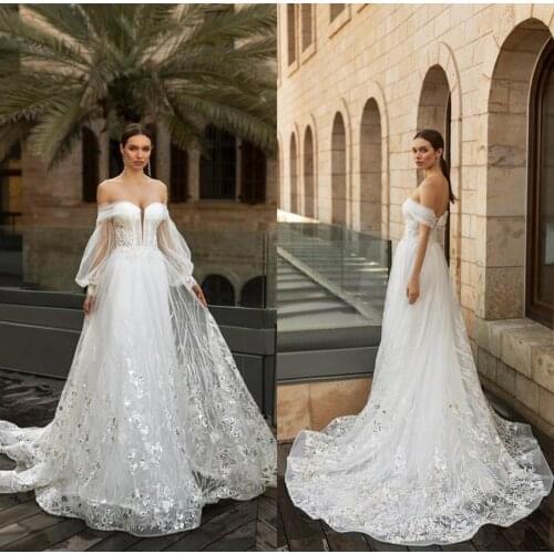 Long Sleeve Beach Wedding Dresses Off Shoulder Lace Appliques Bridal Gowns A Line Backless Wedding Dress robes de mariée