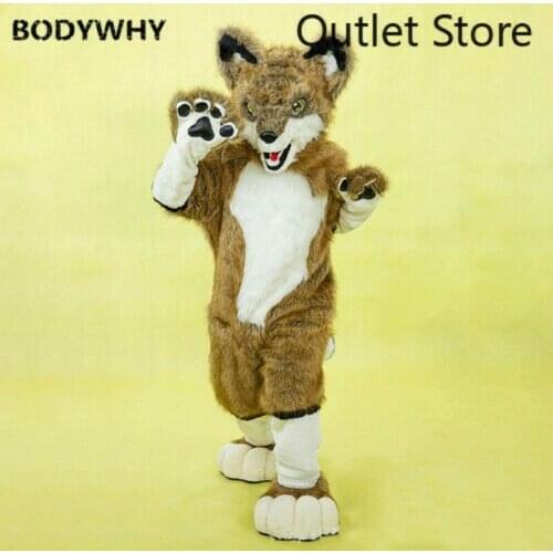 Fursuit Brown Long Fur Husky Fox Dog Wolf Mascot Costume Cosplay Party AD Xmas Cartoon Dress Outfit Carnival Halloween Clothes