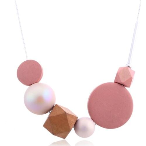 Fashion Candy Geometric Wooden Beads Pendant Necklace Womens Pearl Necklaces Charm Trendy Jewelry Accessories