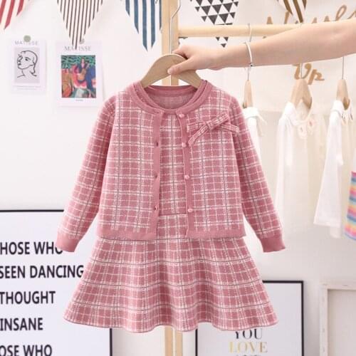 2021 Fashion Girls Clothing Sets Christmas Baby Girl Clothes 2021 New Casual Printing Knitted Sweater Coat+Dress Two-Piece Suit