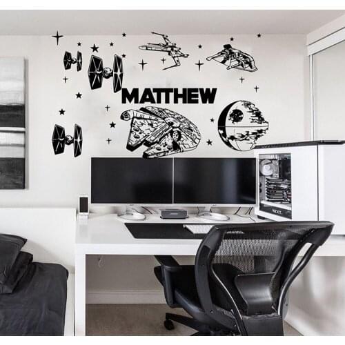 Custom Name Spacecraft Star Spaceship Wall Decal Playroom Kids Room Personalized Name Battle Fighter Jet Wall Sticker Vinyl De