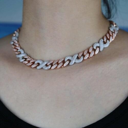 Iced out inifity charm cuban chain choker necklace with rose gold silver color two tone plated heavy women mens hip hop jewelry