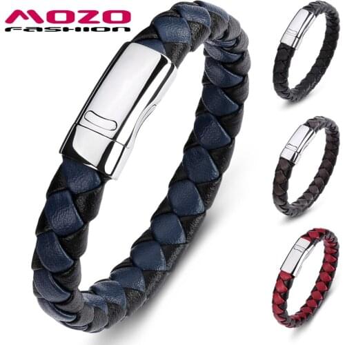Charm Bracelets Men Punk Braided Leather Bangles Women Handmade Trendy Stainless Steel Clasp Wrist Band Blue