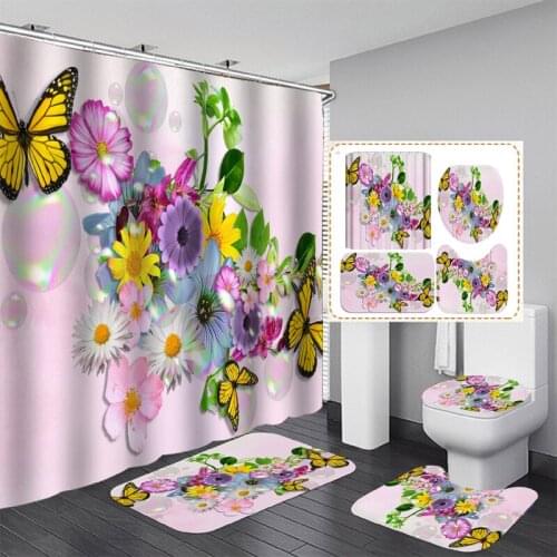 Rose Flower Shower Curtain Sets with Non-Slip Rugs Bath Mat Toilet Lid Cover and 12 Hooks Waterproof Polyester Bathroom Decor