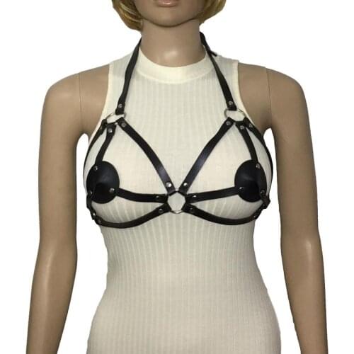 Sexy Women PU Leather Open Cup Bra Gothic Strappy Breast Harness with Nipple Cover Body Belt Top Club Fetish Costume