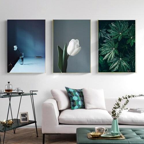 Nordic Green Plants and White Flower Tulip Canvas Posters Prints Office Studies Decor Wall Art Pictures Bottle Flower Room Decor