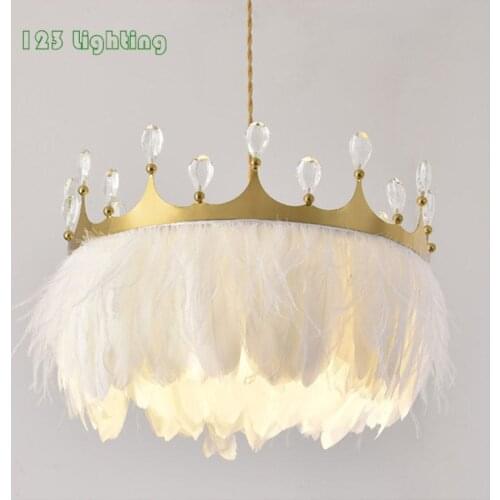 Modern White Feather Crown LED Pendant Lights Crystal Restaurant Bedroom Hanging Light Fixtures Home Romantic Decoration Gold