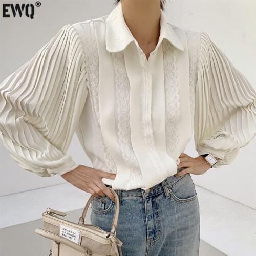 [EWQ] Turn-down Collar Women Lace Blouse Shirts 2021 Spring Blusas Tops Elegant Office Ladies Pleated Sleeve Shirts