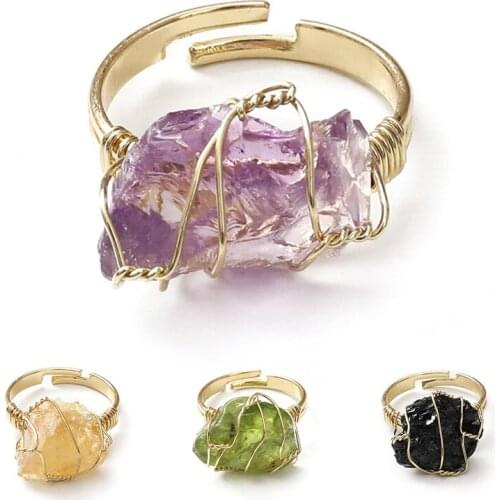 Women Rings Fashion Wire Wrap Natural Rock Mineral Quartz Stone Resizable Healing Amethysts Fluorite Purple Crystal Finger Ring