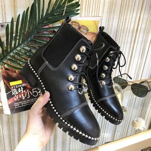 Studded Ankle Boots For Women Shoes Beading Brand Chunky Heels Chelsea Motorcycle Boots Lace Up Botas Mujer Rivets Ladies Shoes